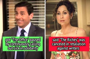 Steve Carrell got "The Office" paused by continuously calling out sick in solidarity, and Minnie Driver said "The Riches" was canceled in retaliation against writers
