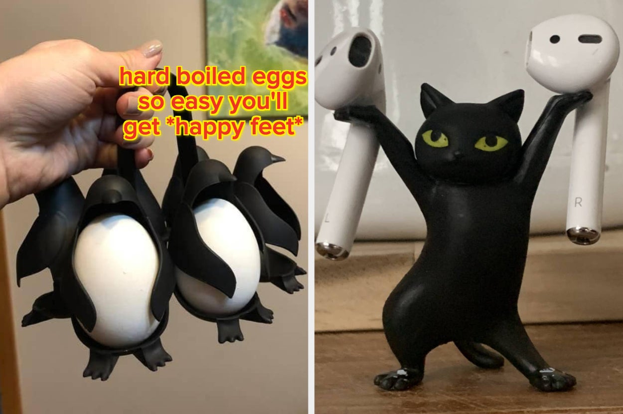 reviewer holding the egg holder made to look like penguins "hard boiled eggs so easy you'll get happy feet" / A reviewer's black cat figurine holding their Airpods