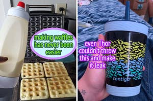 reviewer holding waffle dispenser in front of  waffle iron and reviewer holding spill-proof cup