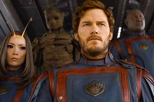 Mantis, Groot, Star-Lord, and Drax in Guardians of the Galaxy 3