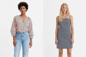 on left: model in three-quarter sleeve floral-print white blouse and jeans. on right: model in sleeveless mini navy and white print dress