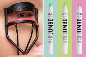 on left; model using black eyelash curler. on right: different shades of NYX Jumbo eye pencils