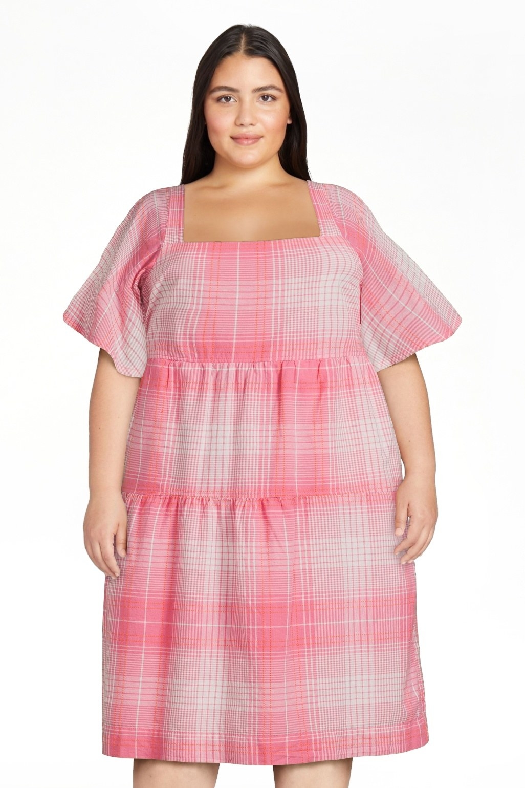 Model wearing the pink plaid dress