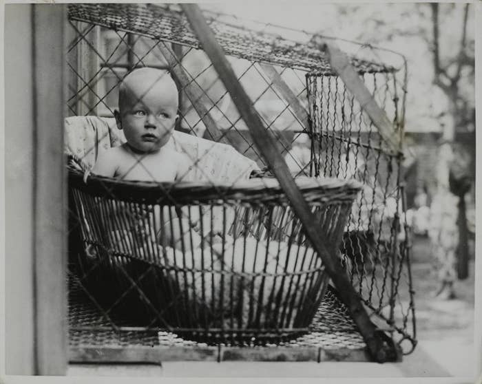 Baby in a basket on a wire balcony