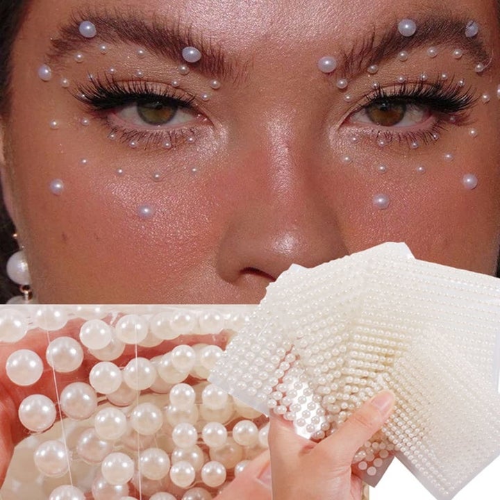 Woman with pearl gems strategically placed around eyes.