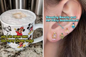 to the left: a mickey mouse mug, to the right: four stud earrings of sleeping beauty and her three fairy godmothers 