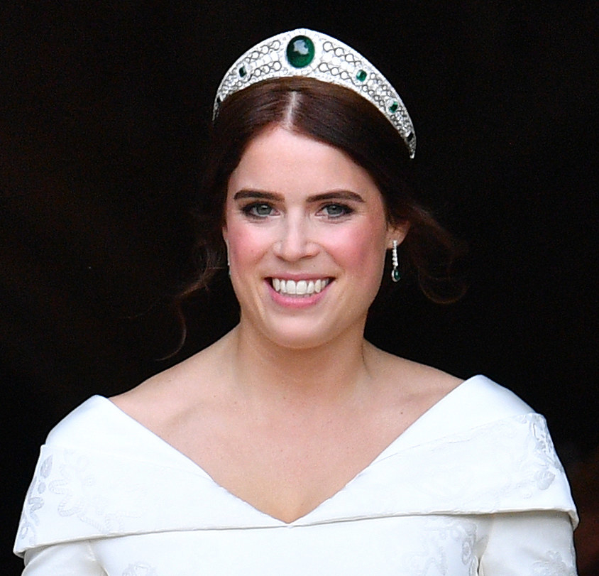 closeup of princess eugenie wearing the tiara