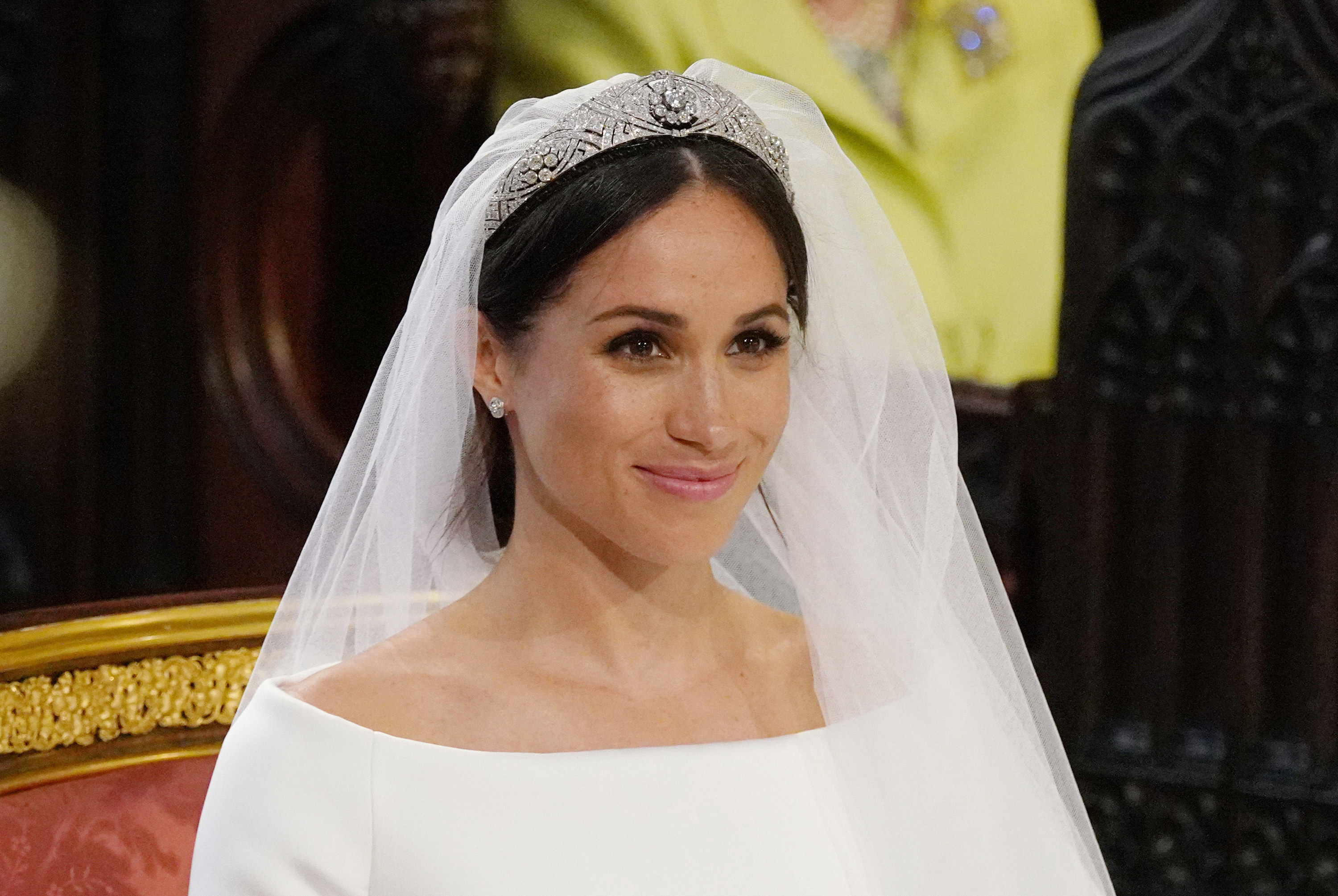 closeup of meghan markle in the tiara during her wedding