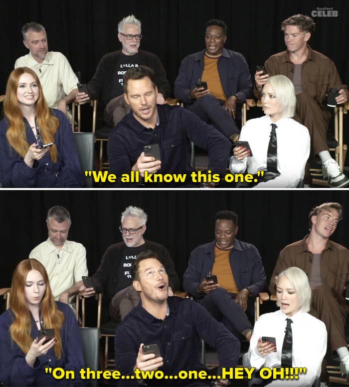 the cast taking the quiz on their phones
