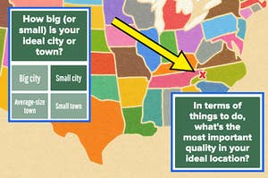 map of the united states with questions from the quiz: how big is your ideal city or town? with small town selected, and what's the most important quality in your ideal location? with an arrow pointing to western north carolina