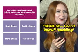 Karen Gillan trying to guess which Infinity Stone Black Widow sacrificed herself for in Endgame