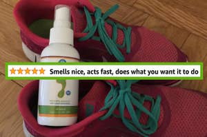 reviewer image of the spray bottle in a sneaker and text that reads "smells nice, acts fast, does what you want it to do"