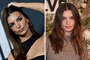 Emily Ratajkowski poses with her hand on her head vs Emily Ratajkowski poses for a photo in front of a flower wall
