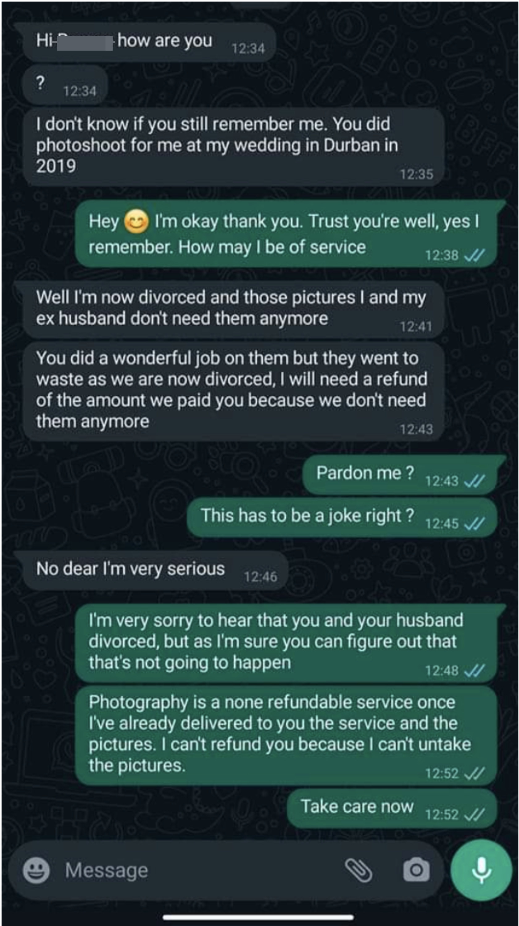 text exchange from a divorced person asking for a full refund