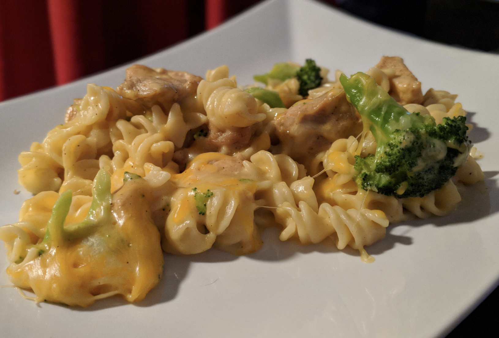 Cheesy chicken and broccoli noodles.