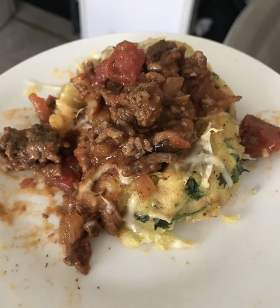 Ground beef and veggies over mashed potatoes.