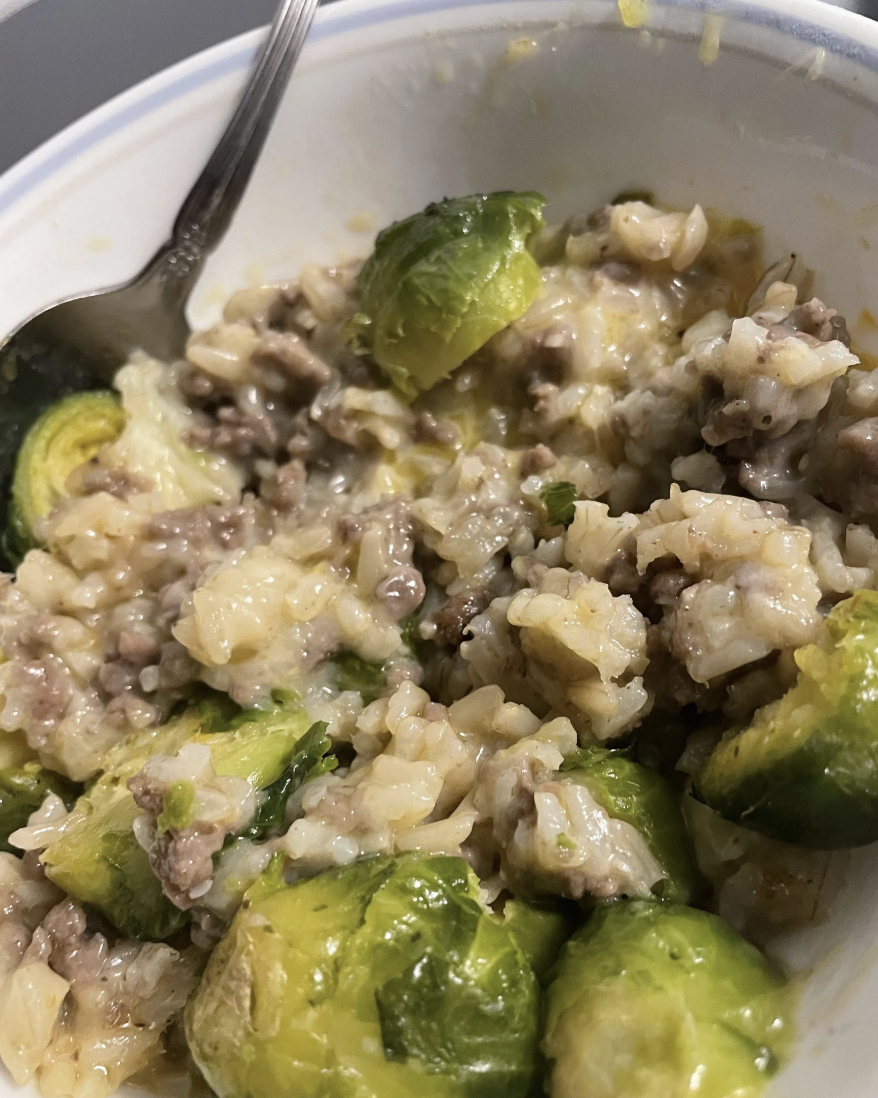 Ground beef and rice with Brussels sprouts.