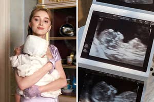 On the left, Daphne from Bridgerton holding her baby, and on the right, ultrasound pictures of a baby