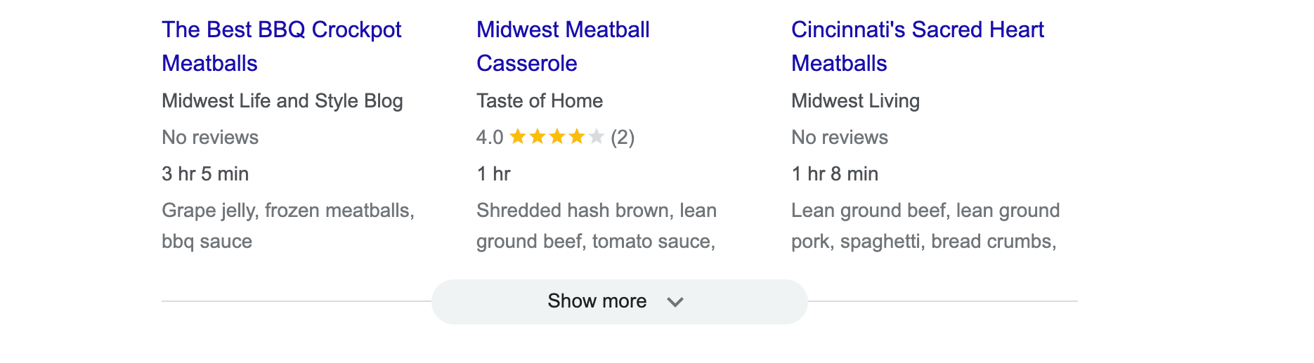different meatball recipe search results
