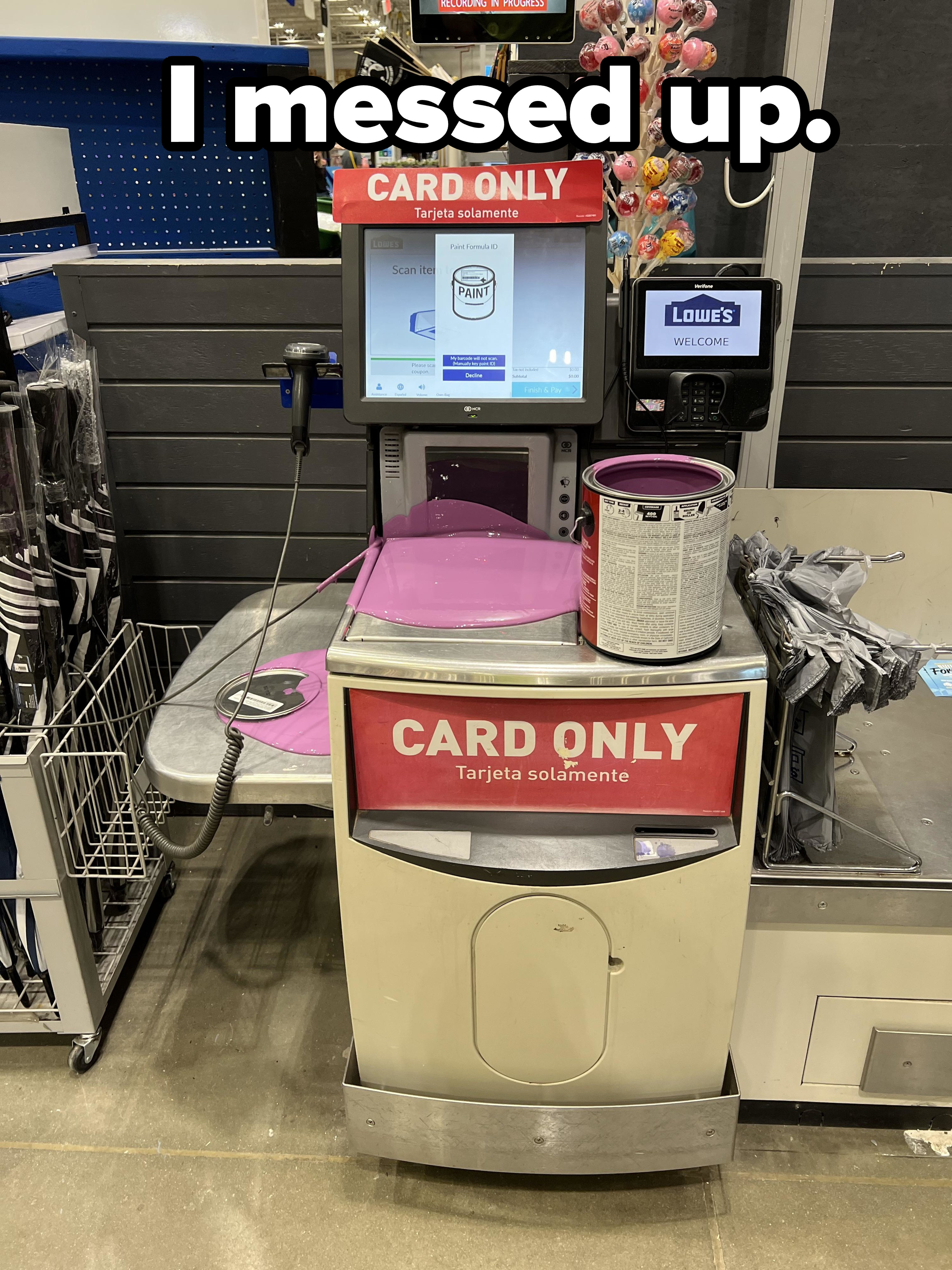 Pink paint spilled on a self-checkout machine