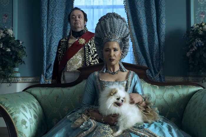 夫人Rosheuvel正如夏洛特皇后在她晚年坐在一个优雅的沙发上,手里拿着一只小狗。她的男仆Brimsley站在她身后