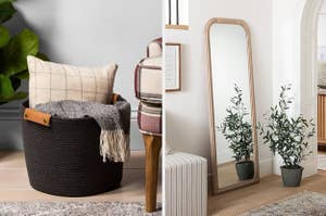 on left: black storage basket with blanket and pillow inside. on right: light beige arch-shaped mirror against wall