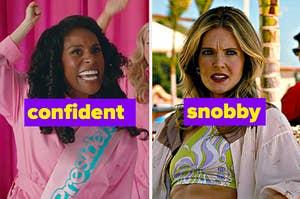 two images: on the left, issa rae in "barbie" and on the right, meghann fahey in white lotus
