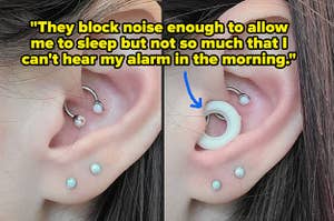 photo of a reviewer with a tragus piercing with and without their white silicone earplugs and quote on image: "they block noise enough to allow me to sleep but not so much that I can't hear my alarm in the morning"