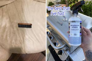 leather sofa half dirty half clean and a stainless steel cleaner next to a shiny clean grill lid and the text "the best that I've had"