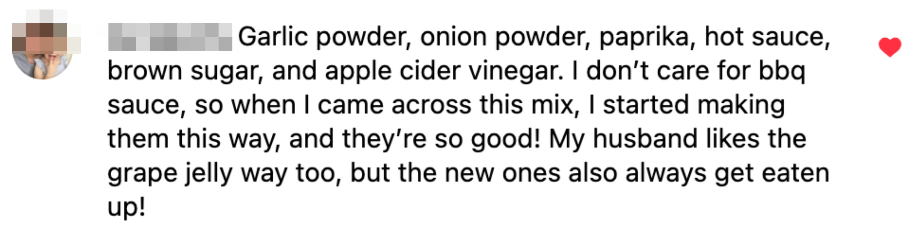 comment reads, garlic powder onion powder, paprika, hot sauce, brown sugar, and apple cider vinegar