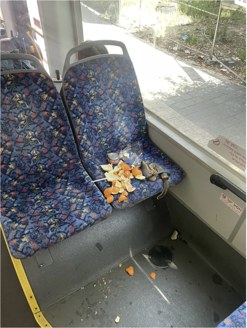 pile of peels and food on a seat