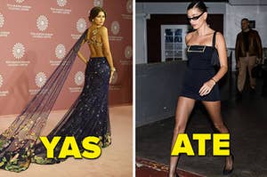 Zendaya poses for a photo with her back turned to the camera vs Hailey Bieber walks outside as photographers take her photo