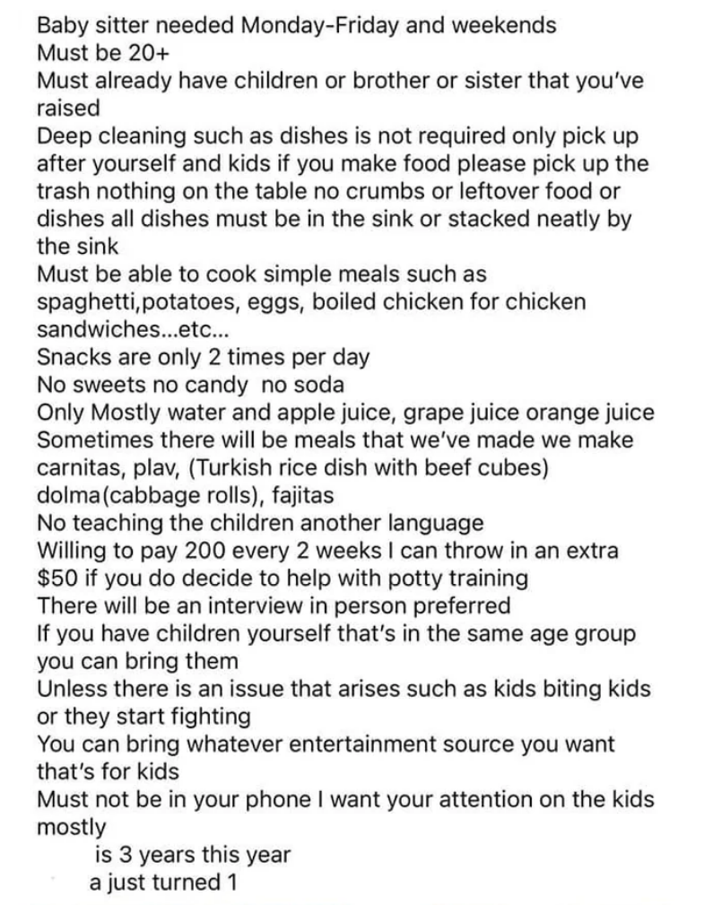 A list of requirements for a babysitter