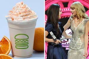 On the left, a Dreamiscle milkshake from Shake Shack, and on the right, Lana Del Rey and Taylor Swift smiling and laughing together