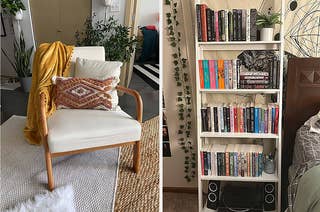 on left: white mid-century modern style armchair with pillows and yellow blanket. on right: white ladder bookshelf with lots of books 