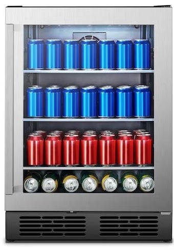 a silver freestanding beverage refrigerator holding different cans of soda