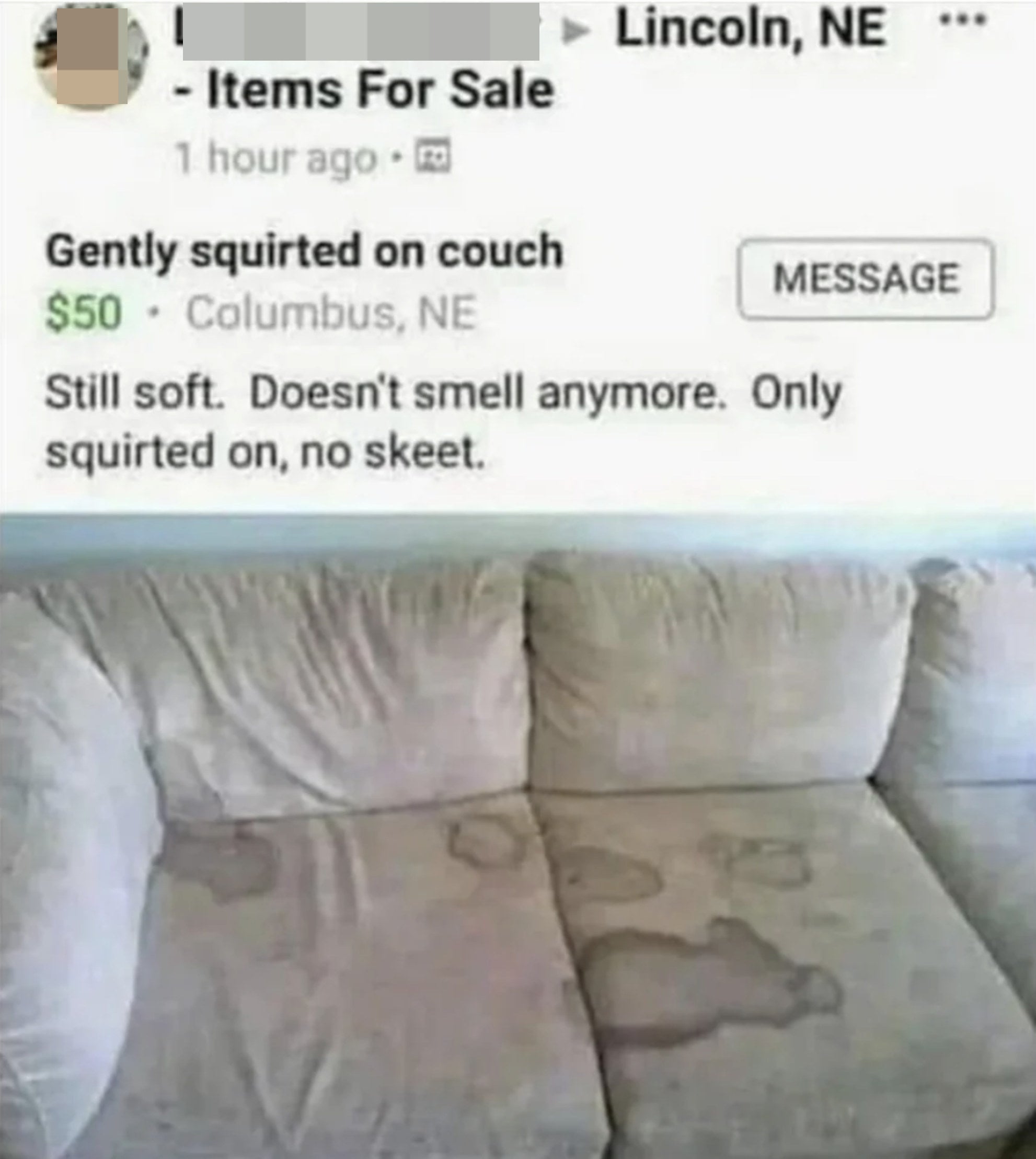 gently squirted on couch