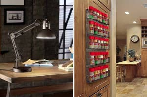 on left: dark gray lit desk lamp. on right: silver spice rack filled with red spice containers on kitchen wall