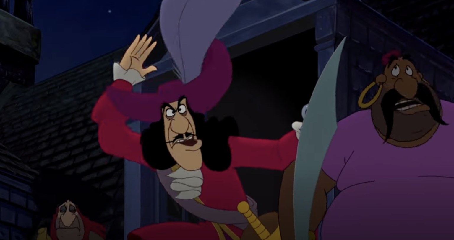 an animated man with a pirate hat and a sword emerges from a window with an angry look on his face
