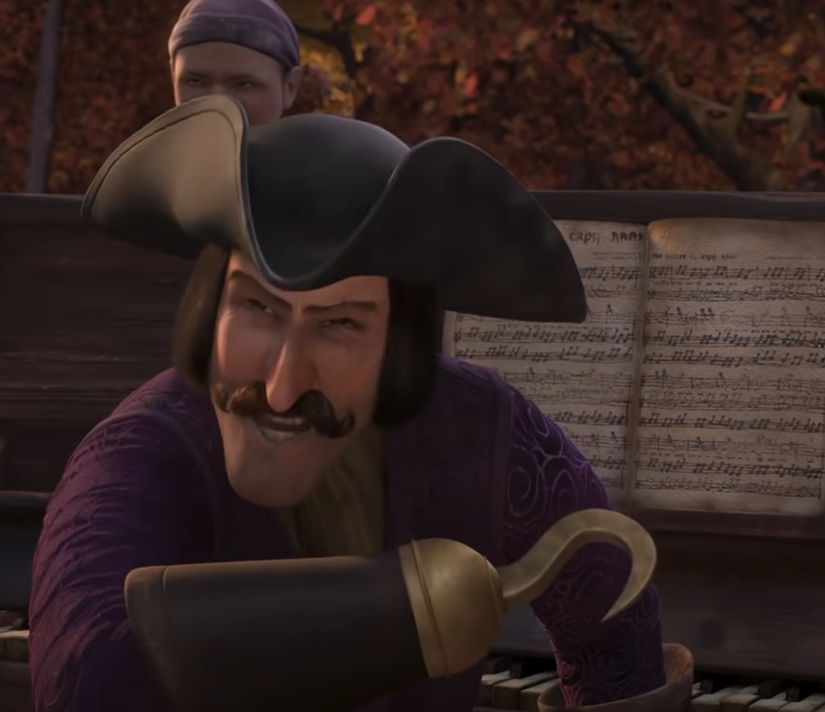 an animated man with a mustache, a pirate hat, and a hook for a hand