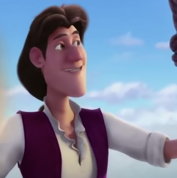 an animated man in a vest stands in front of a blue sky