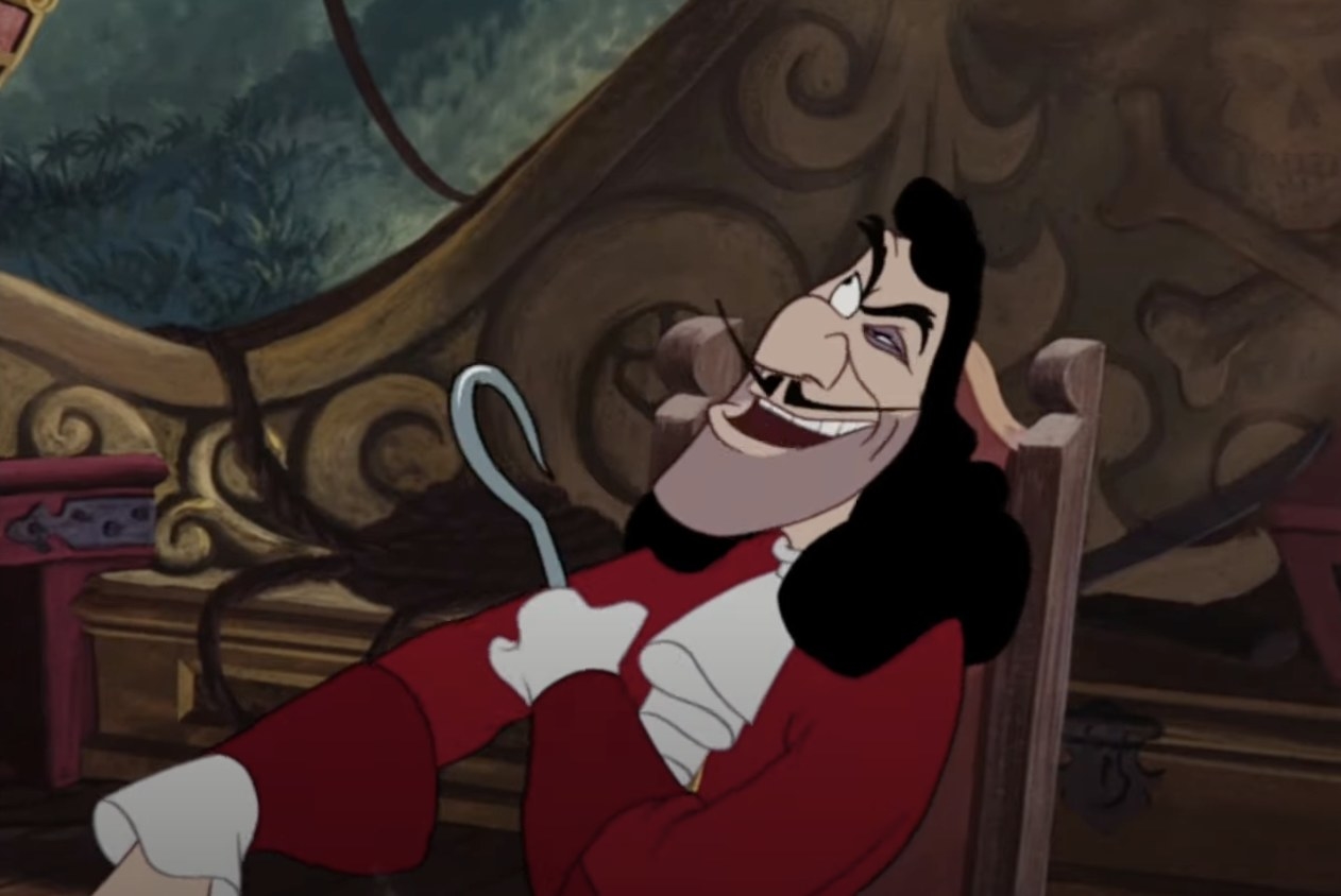 an animated pirate in a red coat with a mustache, long black hair, and a hook for a hand