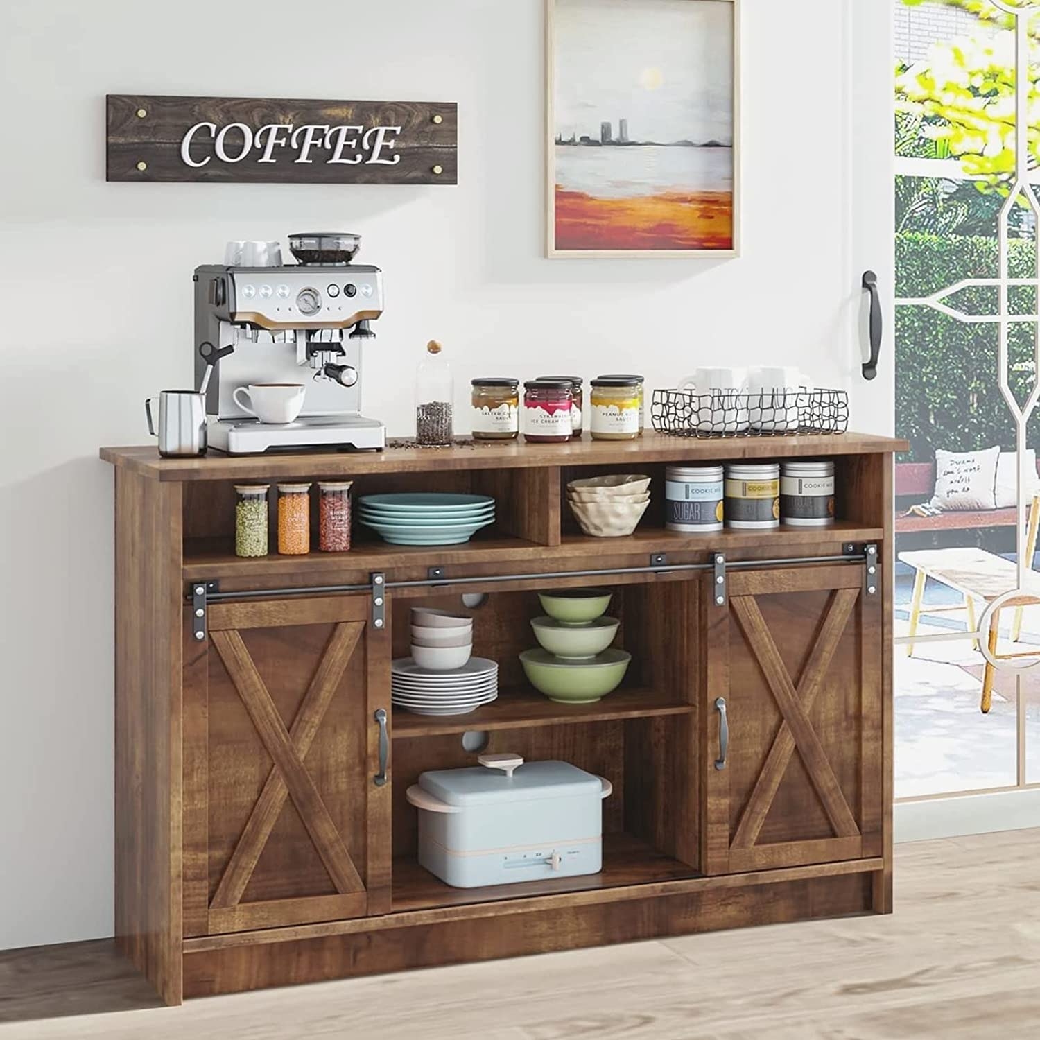 cabinet being used as a coffee bar