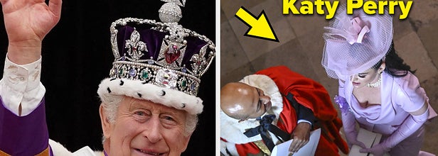 King Charles waves vs Katy Perry talks to someone at King Charles' coronation