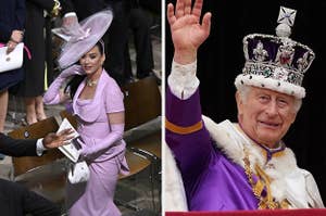 Katy Perry walks through a row of seats at King Charles' coronation vs King Charles waves at his coronation