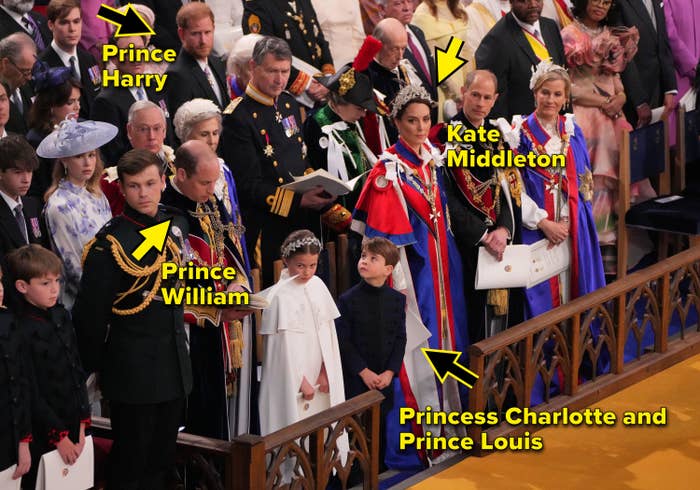 the crowd with arrows pointing to prince harry, kate middleton, prince william, princess charlotte and prince louis