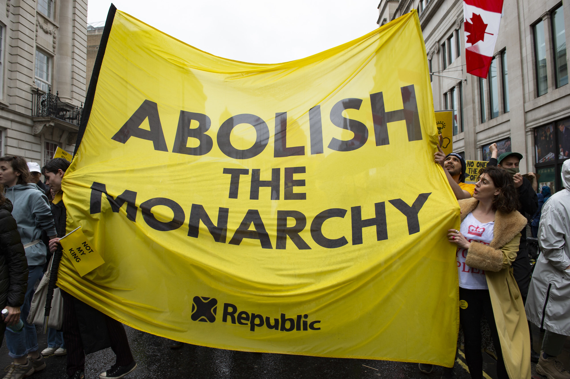 large banner reading abolish the monarchy