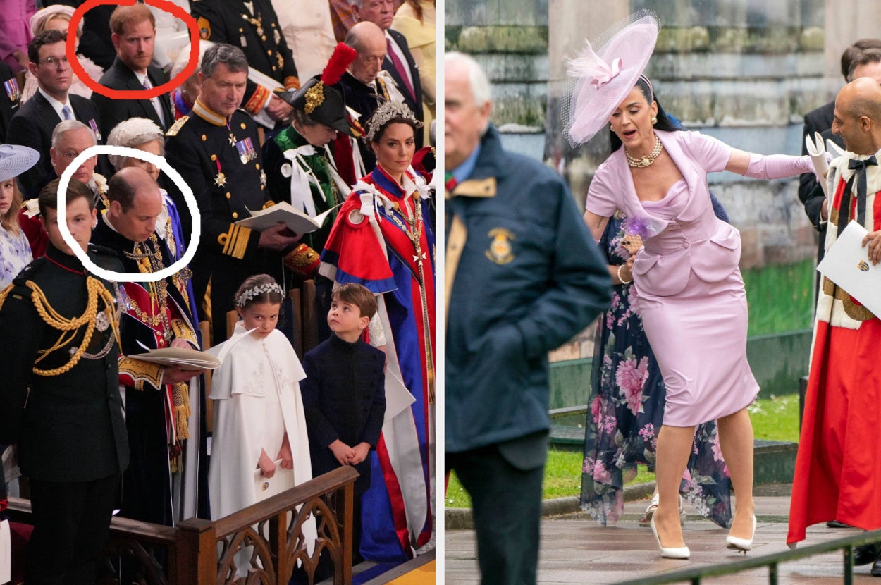 Prince Harry sits behind Prince William at King Charles' coronation vs Katy Perry stumbles while leaving the cathedral