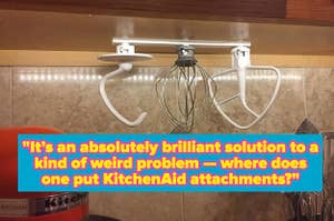 3d-printed stand mixer attachments holder with reviewer quote on image "it's an absolutely brilliant solution to a kind of weird problem — where does one put kitchenaid attachments"