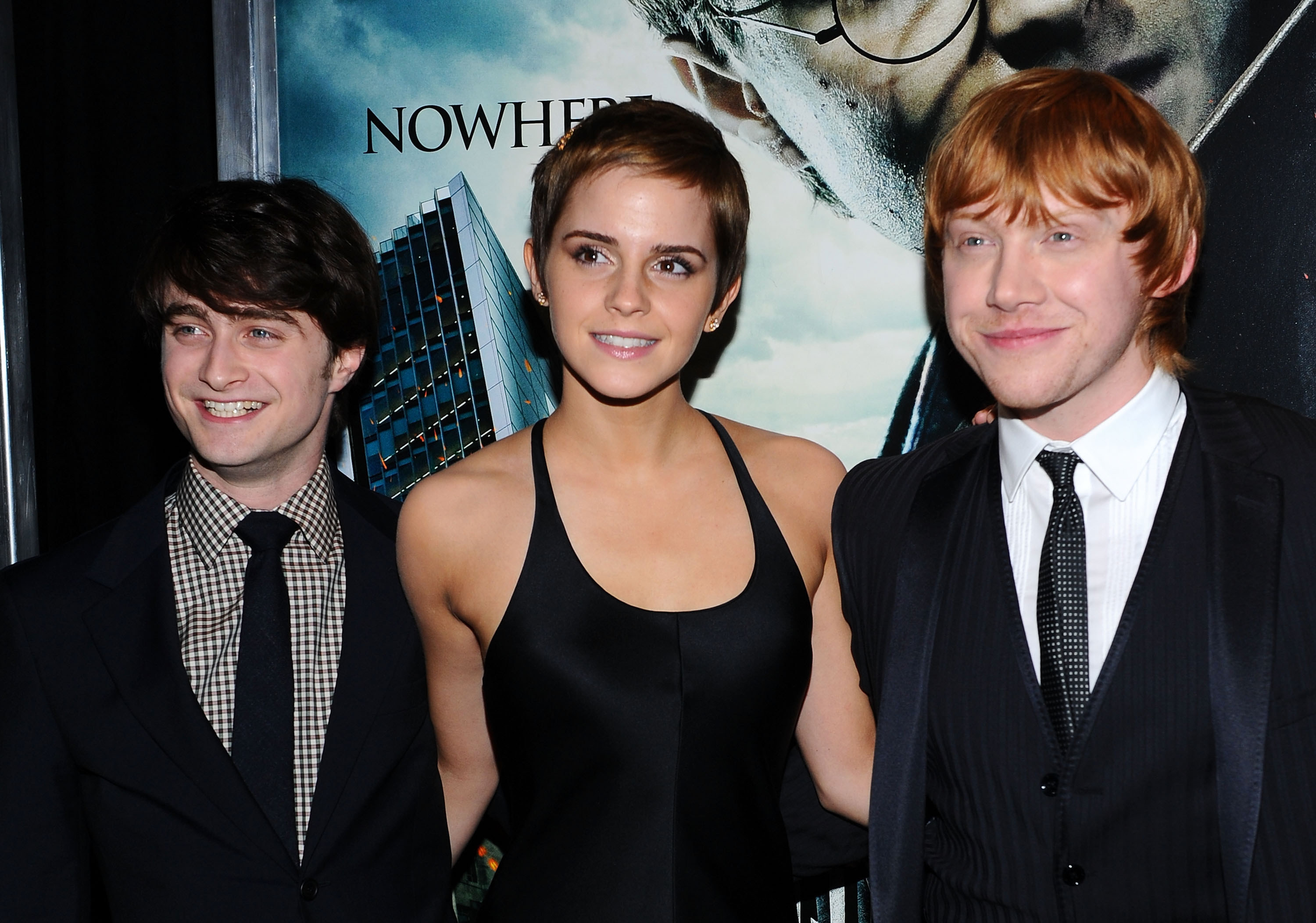 Closeup of Daniel Radcliffe, Emma Watson, and Rupert Grint